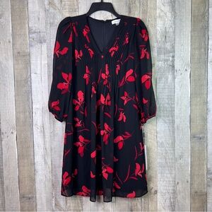 Calvin Klein Size 2 Black & Red Floral Print V-Neck Lined Sheer 3/4 Sleeve Dress